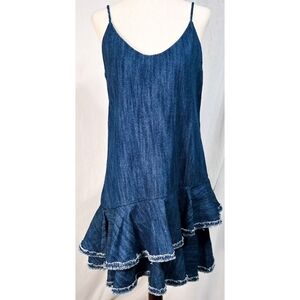 Alexis Drop Waist Mini Dress Denim Blue Sleeveless Ruffle Shift Party